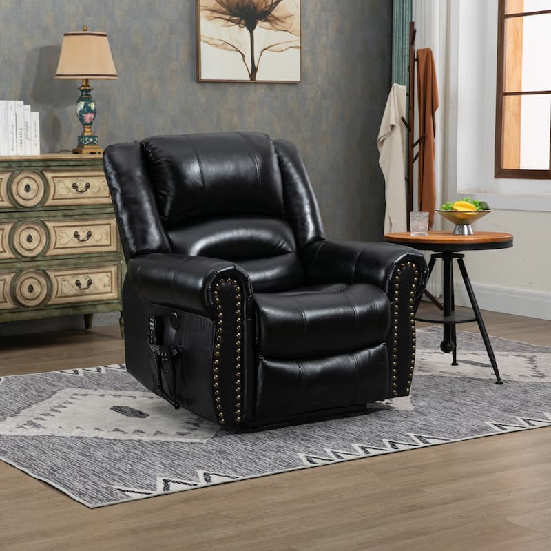 Black Genuine Leather Power Lift Recliner Chair, Dual Motor, Massage
