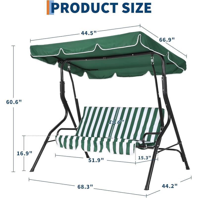 3-Seat Patio Outdoor Porch Swing Chair with Adjustable Canopy for Backyard Lawn Garden