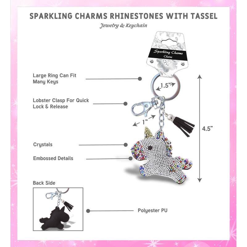Aqua79 Unicorn Keychain - Rainbow Sparkling Rhinestones with Tassel - 3.6 x 2.75 x 0.5 inches