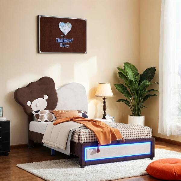 slide 2 of 8, Upholstered Platform Bed with Bear Shaped Headboard,LED Light Strips