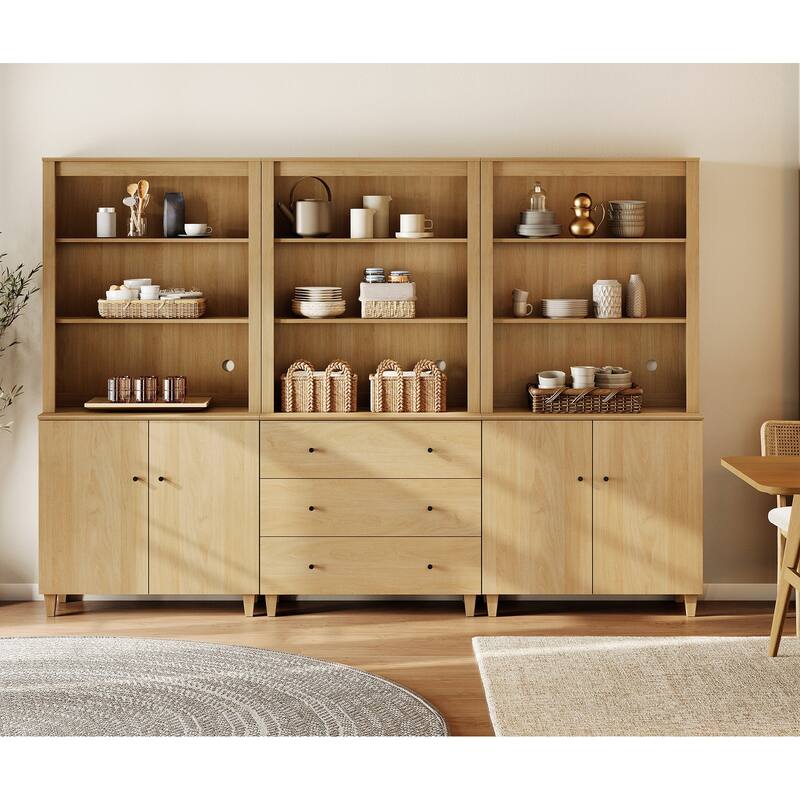 71" Tall Pantry Cabinet Set of 3, Modern Kitchen Storage Pantry with Drawers and Doors, Modular Storage Cabinets for Dining Room - Oak