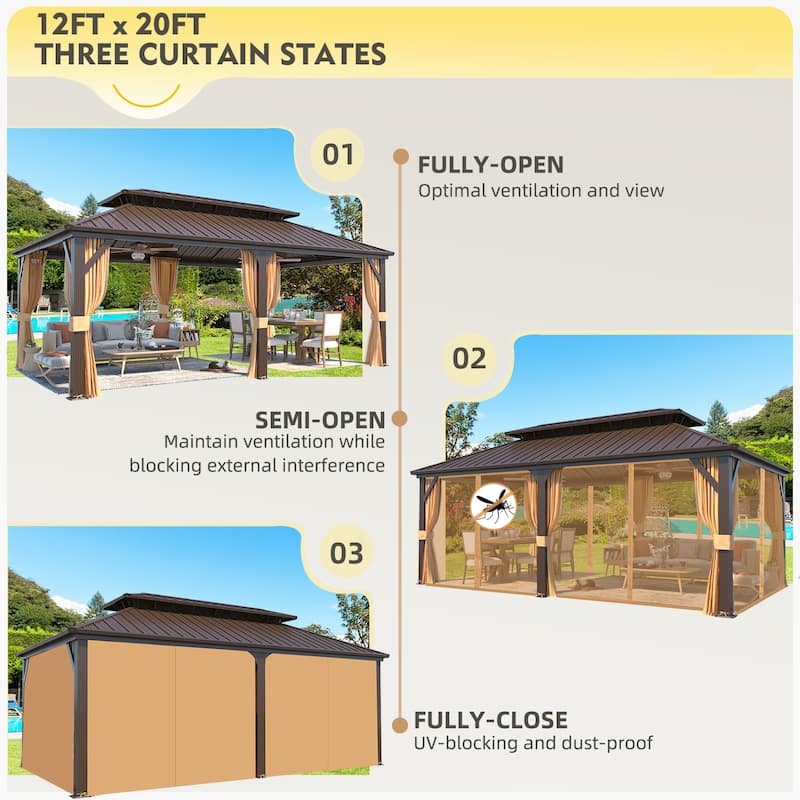 Erommy Hardtop Gazebo with Aluminum Frame and Double Roof, Permanent Outdoor Gazebo Includes Curtains&Netting for Patio Backyard