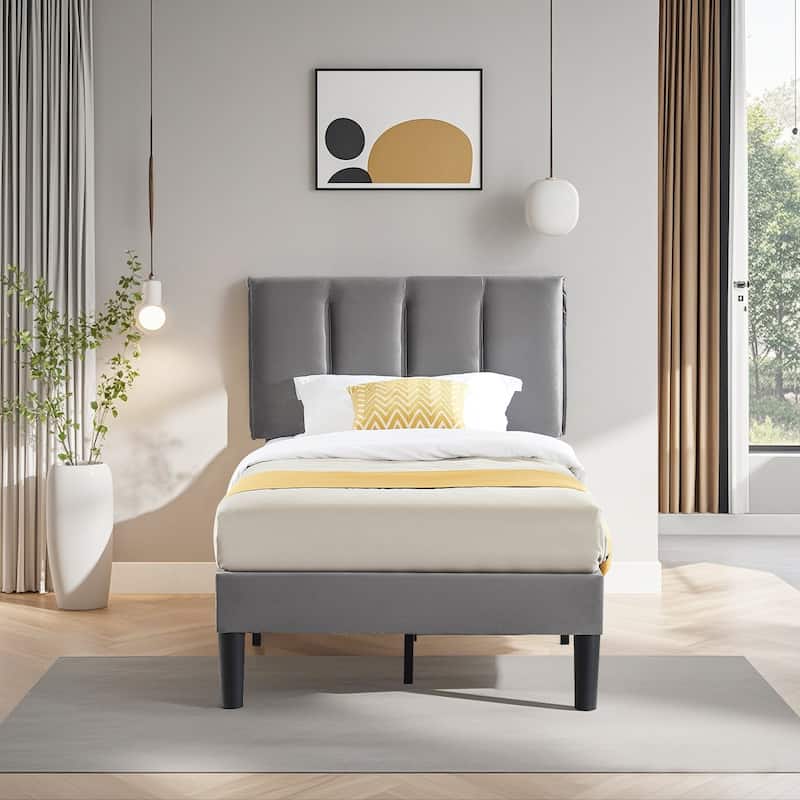 Javlergo Velvet Upholstered Platform Bed Frame with Adjustable Headboard