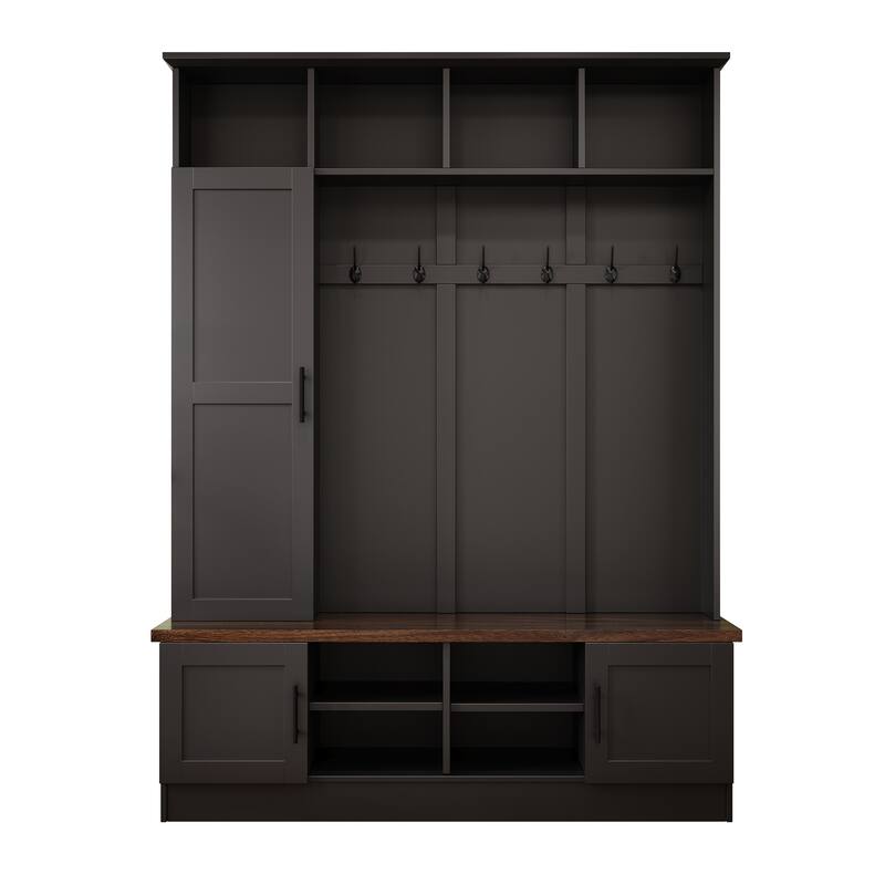 Versatile 3-in-1 Farmhouse Hall Tree with with 6 Hooks & Adjustable Shelves - Walnut Storage Benchr