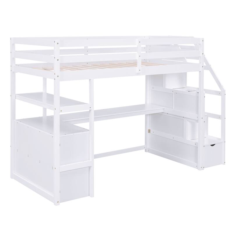 Twin Loft Bed with Desk, Shelves, Storage Staircase, and Two Drawers in White