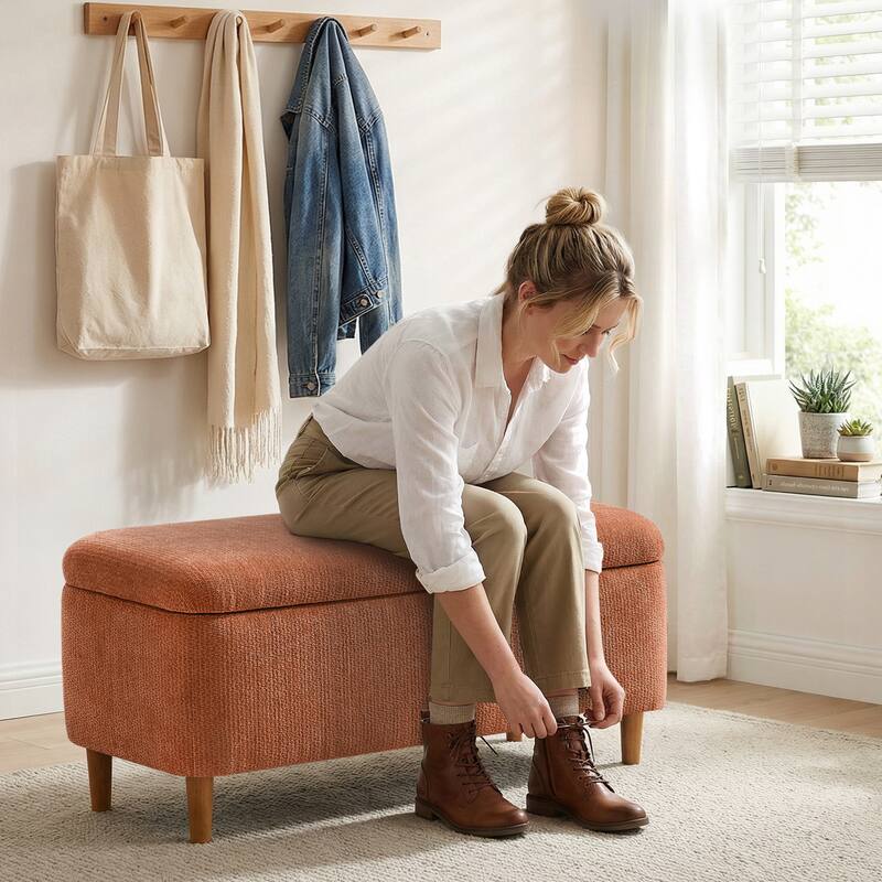 39in Soft Chenille Fabric Storage Ottoman Bench for Bedroom / Entryway Bed Foot / Living Room，Upholstered Entryway Bench