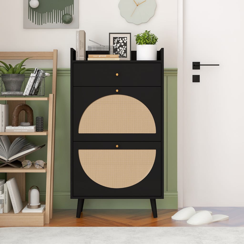 Anmytek Black Rattan Shoe Cabinet with Flip Doors 43 Inch Entryway Storage Organizer