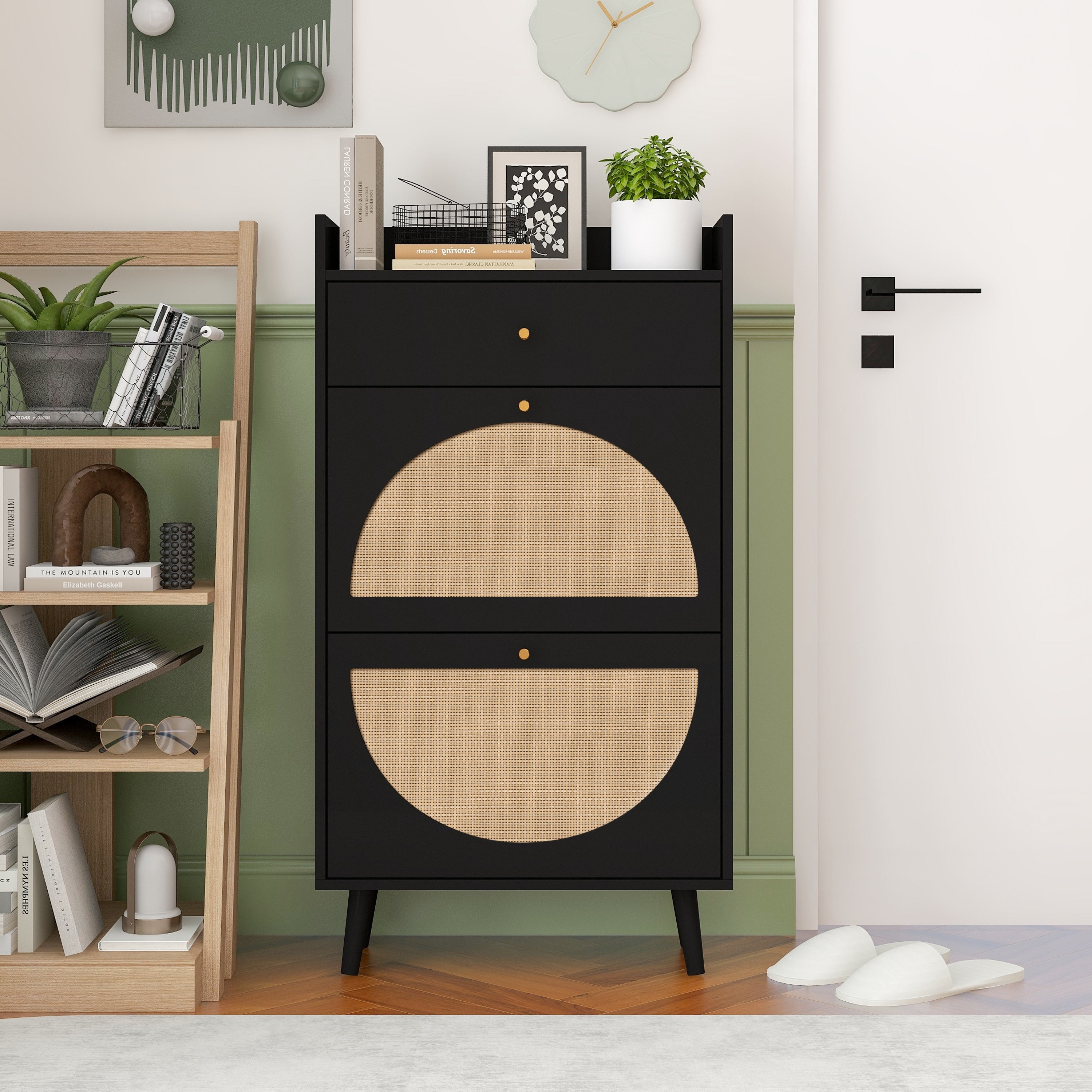 GDFStudio - Allen Natural Rattan Entryway Shoe Cabinet with 2 Doors and 1 Drawer