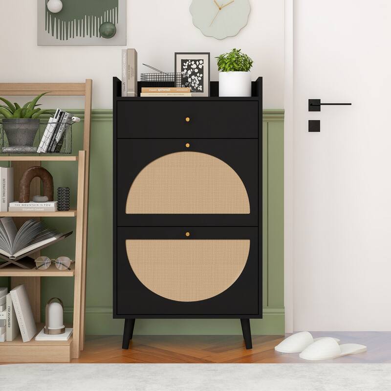 Roomfitters Rattan Shoe Cabinet with Drawer, 2 Door Slim Shoe Storage Rack, Entryway Organizer