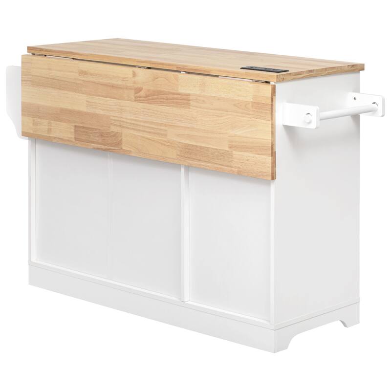 Rolling Kitchen Island Cart with 2 Pull Out Cabinet Organizers, Drop Leaf, Trash Can Storage, Power Outlet, Spice, Towel Rack