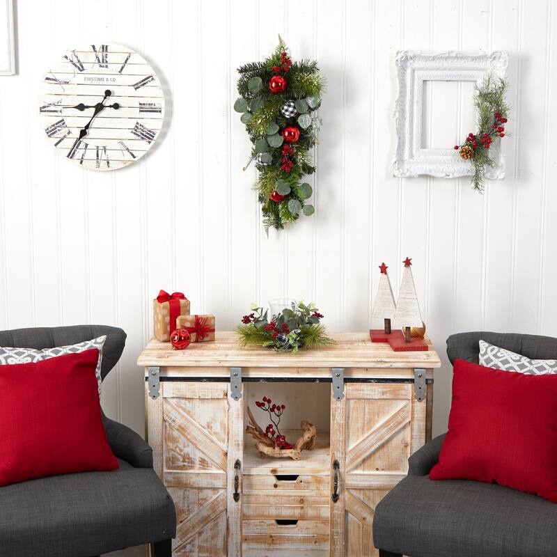 26” Berries and Ornament Artificial Christmas Teardrop Swag, Unlit - Green