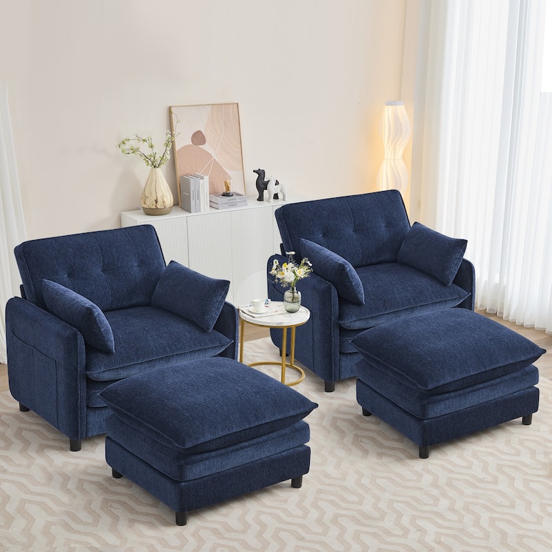 Upholstered Chenille Oversized Accent Armchairs with Ottoman and Side Pocket