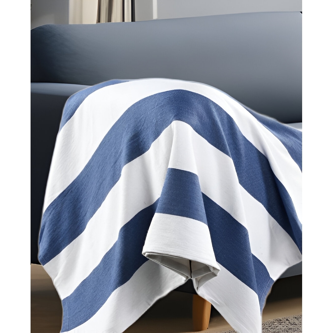 HomeRoots 50" X 60" Blue and White Cotton Woven Striped Throw Blanket with Tassels