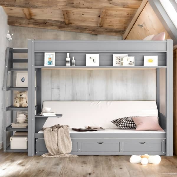 slide 2 of 36, Wood Convertible Full Size Bunk Bed with Storage Staircase,Bedside Table and 3 Drawers Grey