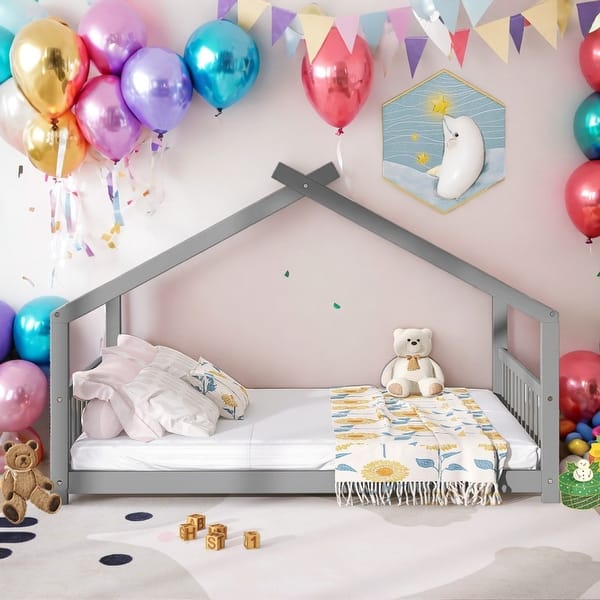 slide 2 of 30, Full Size Playhouse Design House Bed Wood Bed,Solid Construction For Bedroom Grey