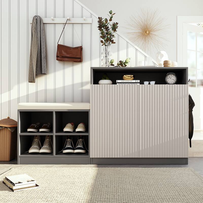 Storage Cabinet w/ Shoe Bench, 3-Tier Adjustable Shelves, 4 Open Shoe Racks & Removeble Cushion - Beige and Grey