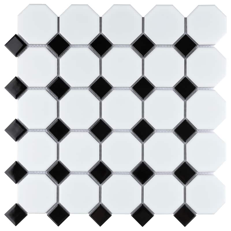 Merola Tile Metro Octagon Matte White w/Black Dot 11.5" x 11.5" Porcelain Mosaic