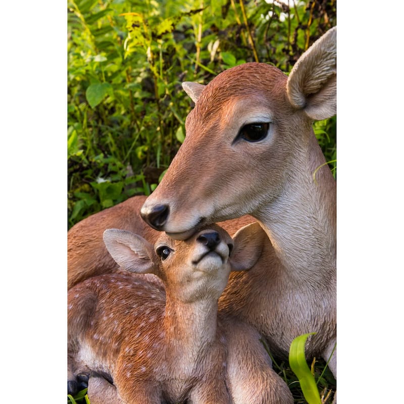 Cuddling Mother and Baby Deer Outdoor Garden Statue - 15.75" - Brown