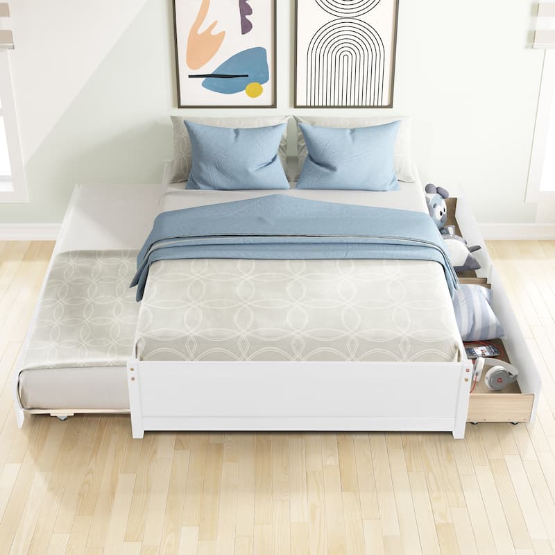 Solid Wood Captain Bed with Trundle and Drawers - Full Size Bed with Modern Design