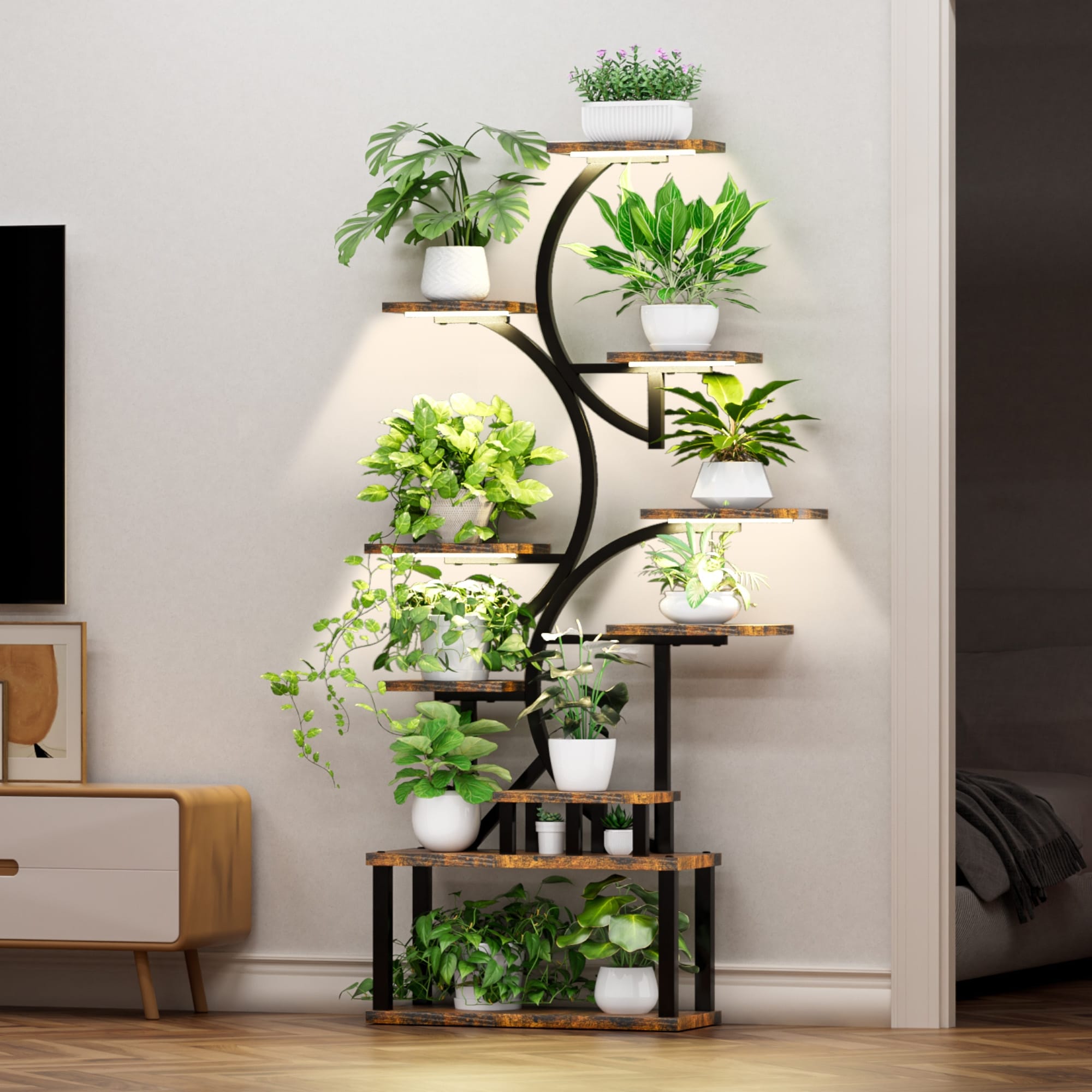 68.5"Tall 10-Tier Plant Stand with 5 Grow Lights, S-Shaped Corner Plant Rack for Indoor Plants, Perfect for Living Room