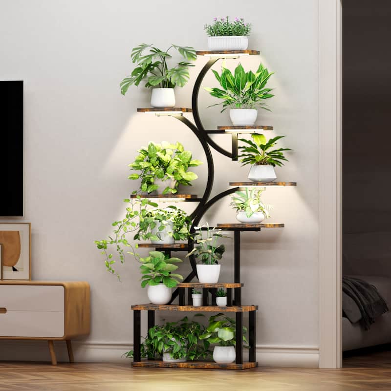 68.5 in. H Brown S-shaped MDF Indoor Plant Stand with 5 Grow Lights 10 Tiered Tall Plant Shelf 10-Level Stepless Dimming