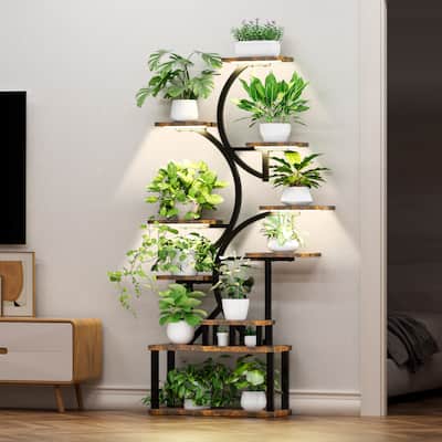 68.5 in. H Brown S-shaped MDF Indoor Plant Stand with 5 Grow Lights 10 Tiered Tall Plant Shelf 10-Level Stepless Dimming