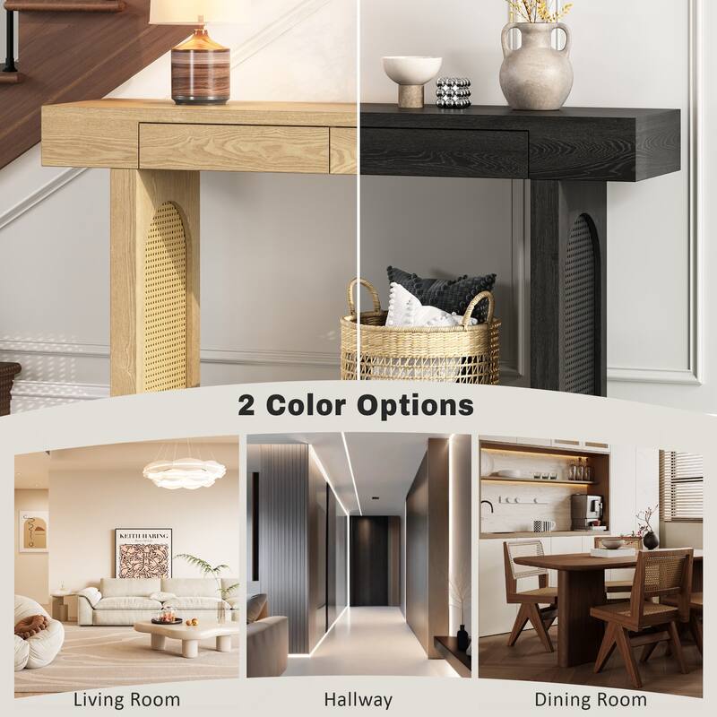 Rattan Accent Console Table with Two Drawers Natural Wood Veneer Bohemian Entryway Living Room Hallway Furniture