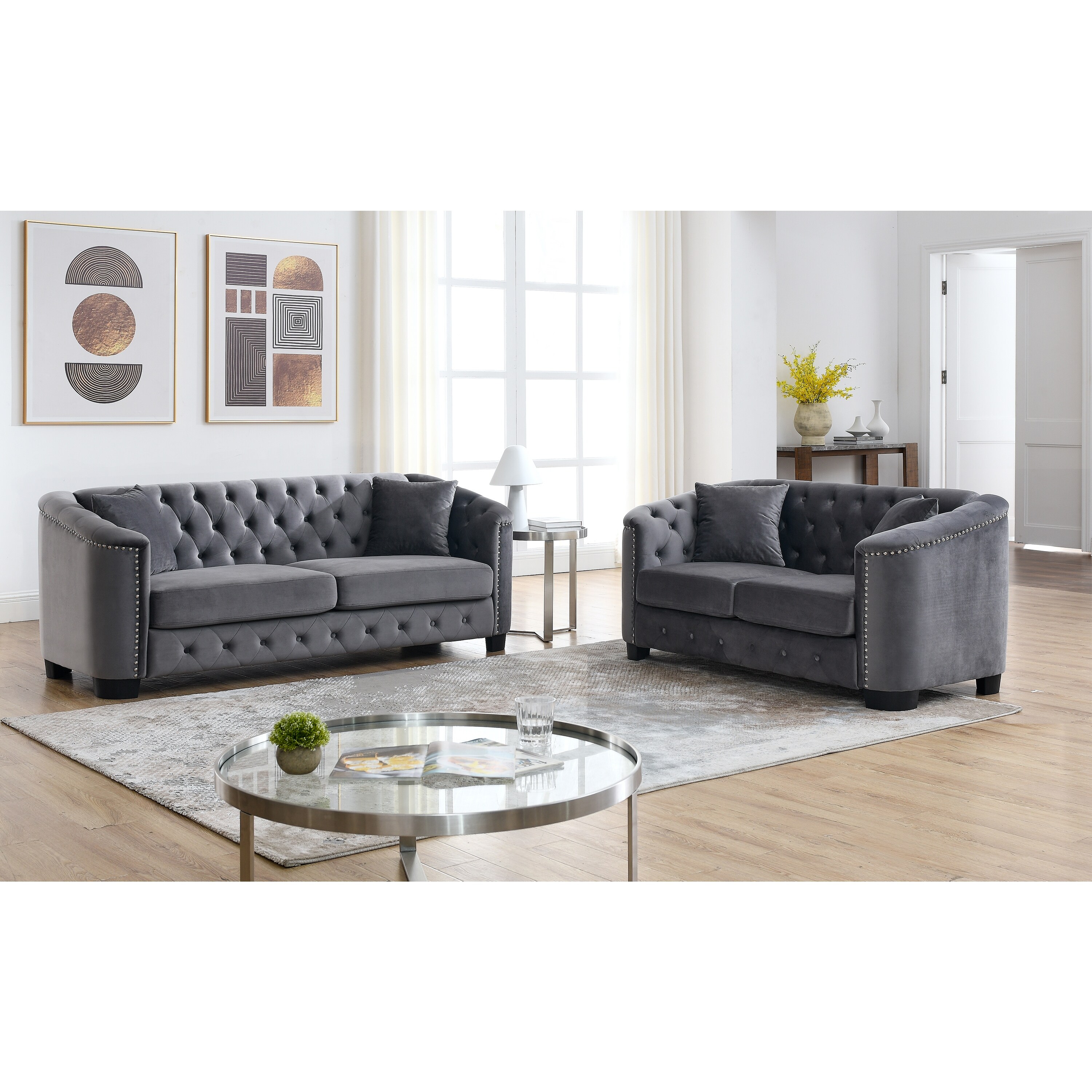 Velvet Chesterfield Sofa Set with Nailhead Trim and Tufted Low Back Includes Pillows Configurable Living Room Furniture Black Loveseat