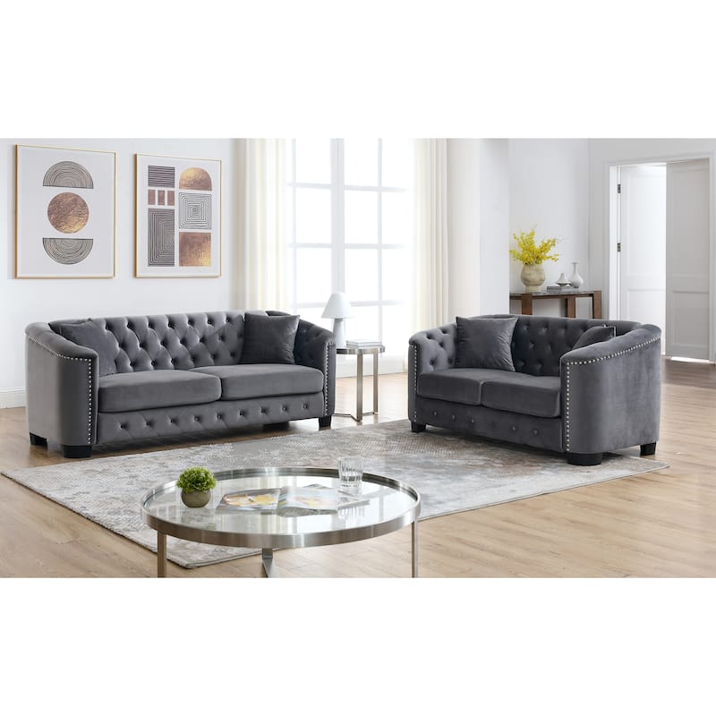 Roomfitters 5-Seater Chesterfield Sofa Set, 3+2 Velvet Tufted Couches with Rolled Arms, Nailhead Trim and Cushions