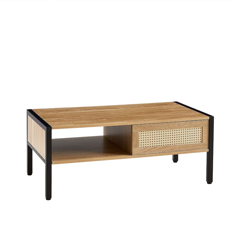 40.16" Mordern Rattan Coffee Table with Sliding Door and Metal Legs