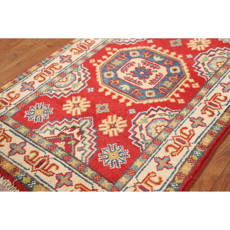 Hand Knotted Oriental 100% Wool Carpet Traditional Geometric Red Kazak Area Rug - 3' 0'' X 2' 0''