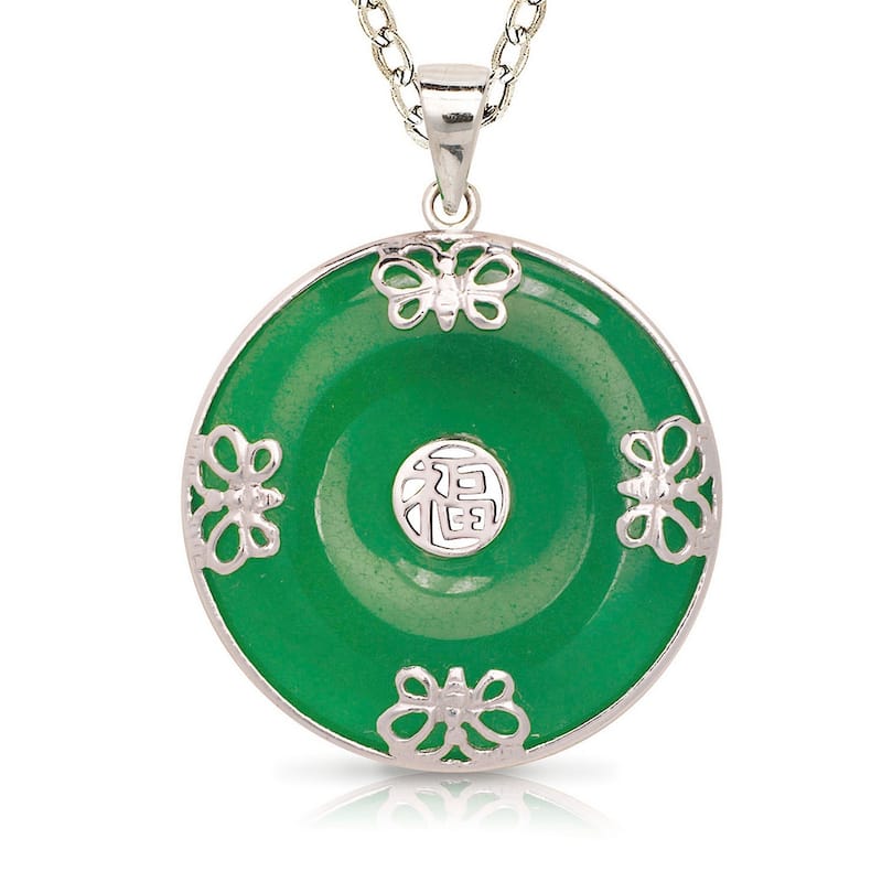 Curata 925 Sterling Silver 18" Green Jade Round Asian Script Ornate Butterfly Disc Necklace (25mm x 32mm)