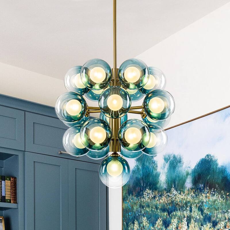 Art Deco Tiered Blue Frosted Bubble Round Sputnik Chandelier - Brass Finish