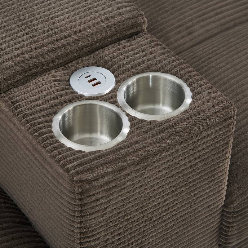 Corduroy Upholstered 4 Seat Sofa, U-shaped Sectional Sofa with Movable Storage Ottomans, Console, Cup Holders and USB Ports