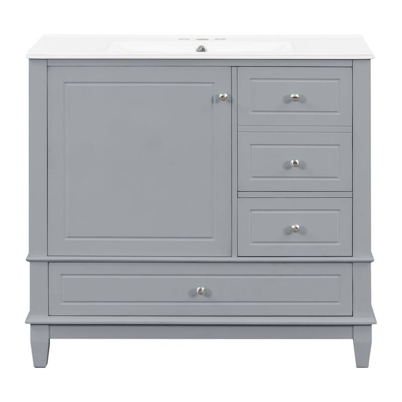 Roomfitters 36" Bathroom Vanity with Ceramic Sink, Solid Wood Frame, 3 Drawers & Soft-Close Door with Racks