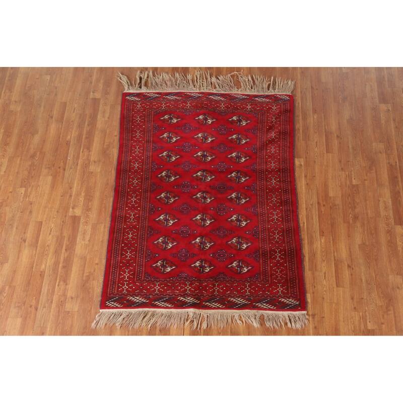 Geometric Red Turkoman Persian Vintage Foyer Rug Handmade Wool Carpet - 4'3"x 5'8"
