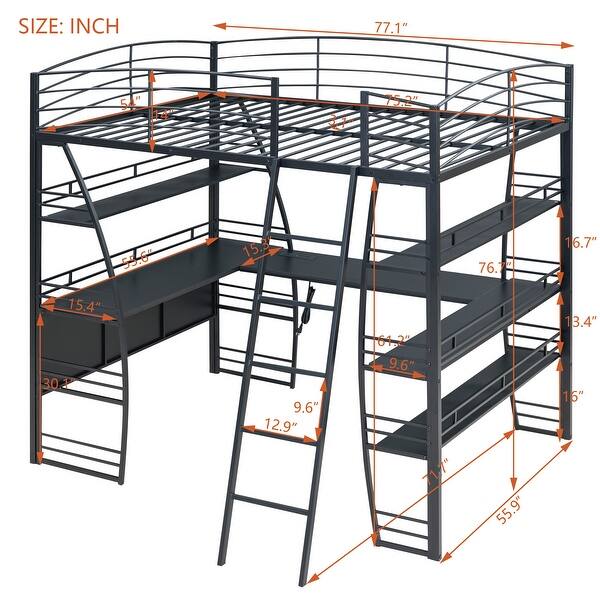 dimension image slide 2 of 4, High Loft Bed with L-Shaped Desk and Storage Shelves, Metal Platform Bed with Curved Guardrail, USB Ports and Wireless Charging