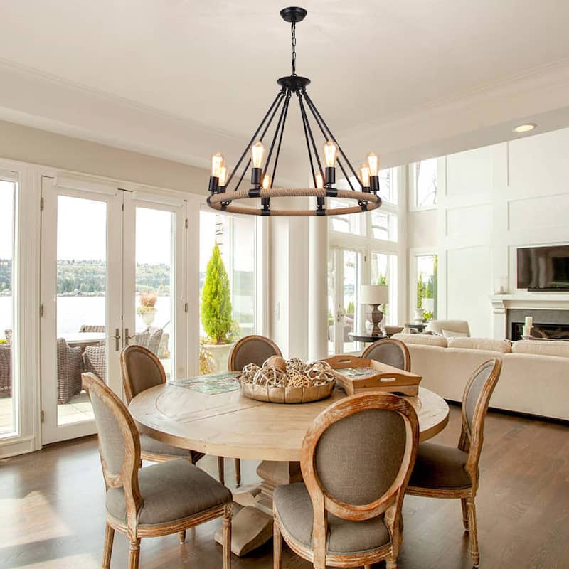 8-Light Classic Semi Flush Mount Chandelier, Farmhouse Modern Wagon Wheel Chandelier for Dining Room - W30.71"x H25.59"