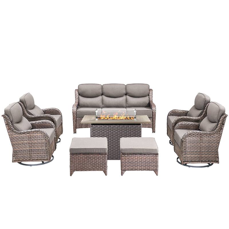 Pocassy 8 Pieces Outdoor 6 Inch Sofa Swivel Chair Ottoman with Fire Table