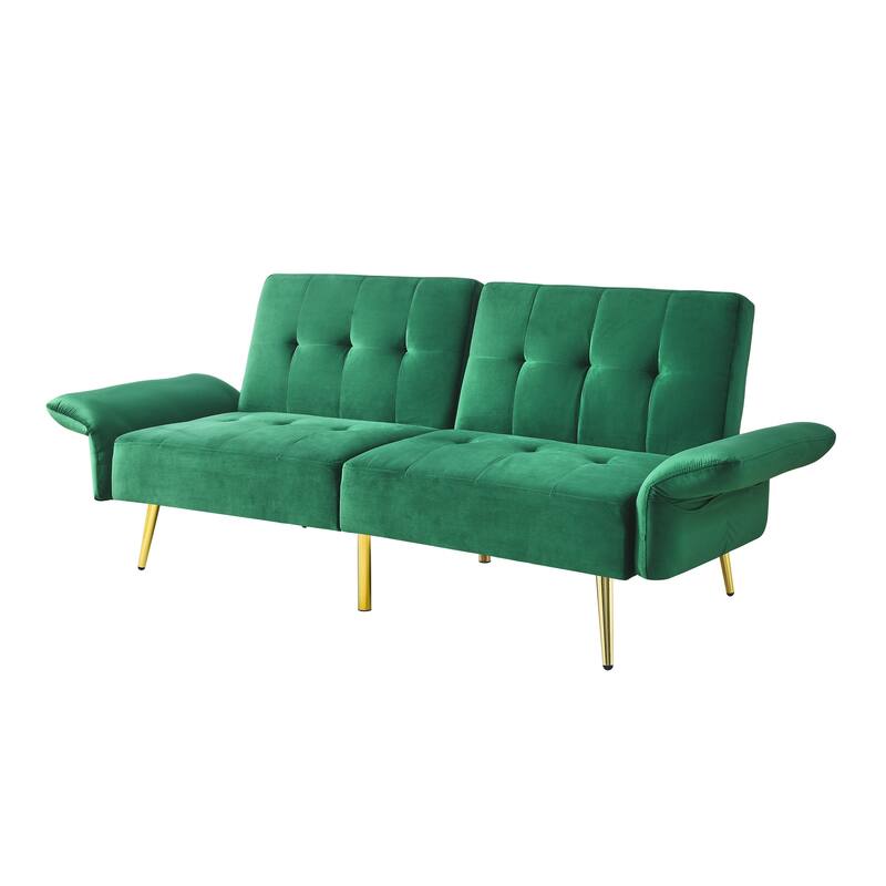 Italian Velvet Convertible Sleeper Sofa Bed with with Folded Armrests and Storage Bags
