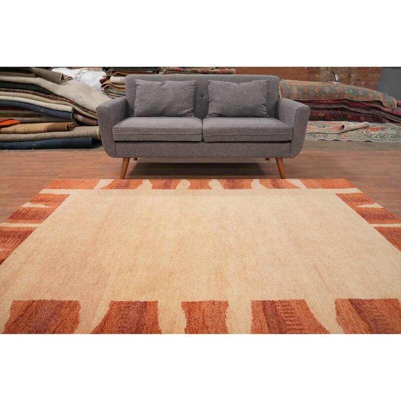 Hand Knotted Oriental 100% Wool Carpet Modern Geometric Beige & Ivories Gabbeh Area Rug - 7' 11'' X 5' 9''