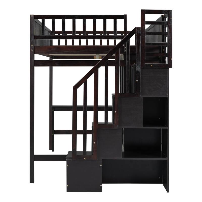 Full Size Loft Bed with Bookshelf, Drawers, Desk, and Wardrobe - Espresso