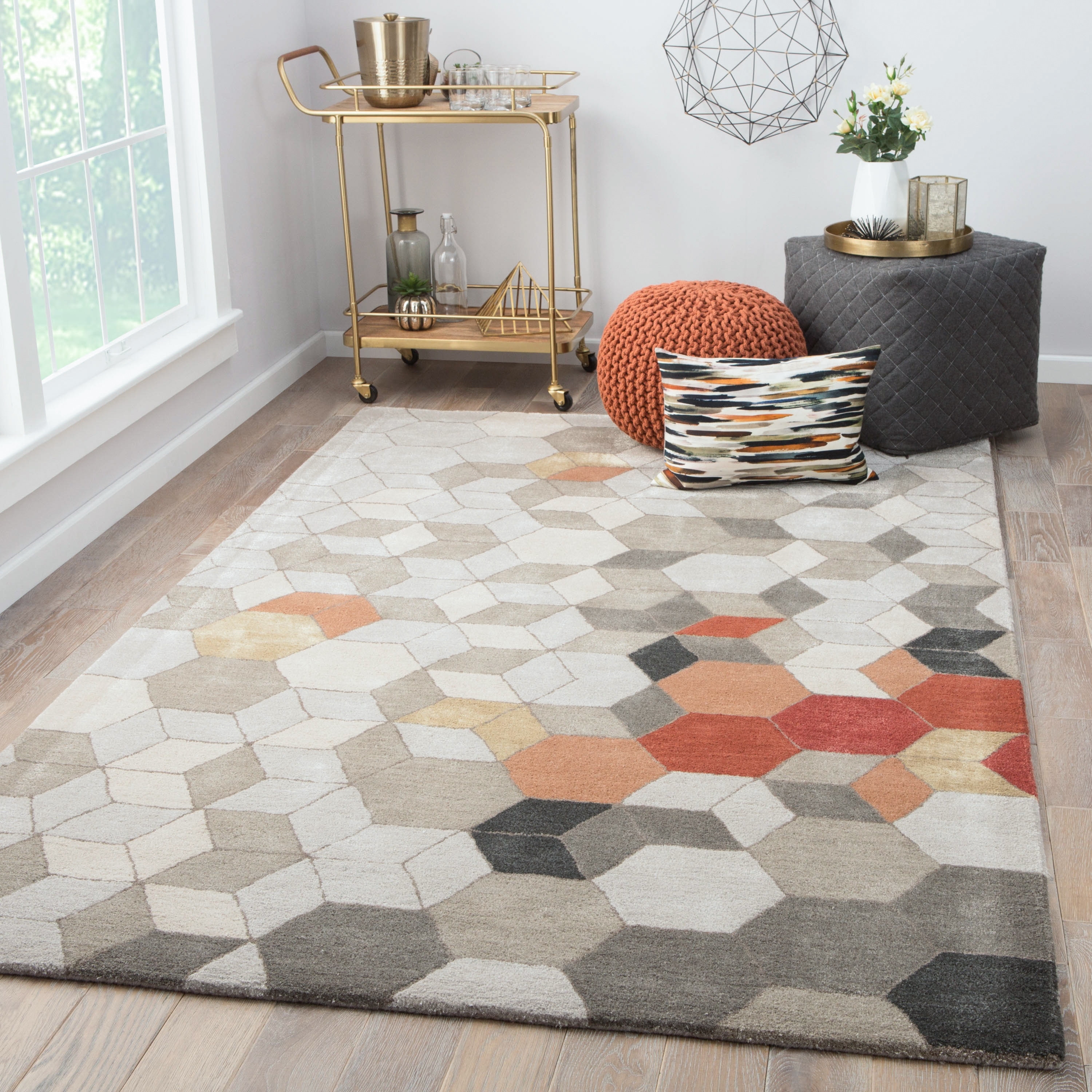 Orange Grey Outdoor Rug for Patio/Deck/Porch, Non-Slip Area Rug 5 x 8 Ft,  Middle Century Modern Geometric Abstract Art Indoor Outdoor Rugs Washable