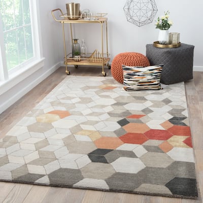 Duras Handmade Geometric Light Grey/Orange Area Rug