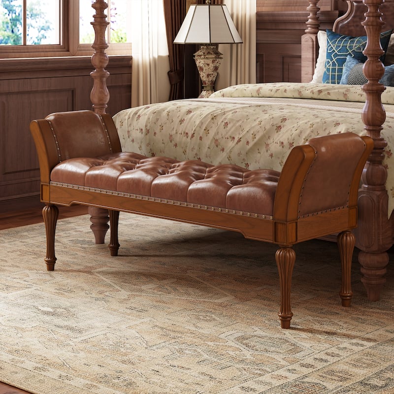 Christopher Knight Home - Mid-Century Classic Sleek Button-Tufted PU Leather Upholstered End-of-Bed Bench with Rolled Arms - Reddish Brown