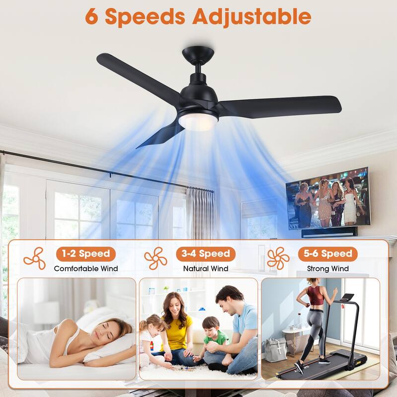 52" Black ABS 3-Blade Modern Dimmable LED Ceiling Fan with Remote