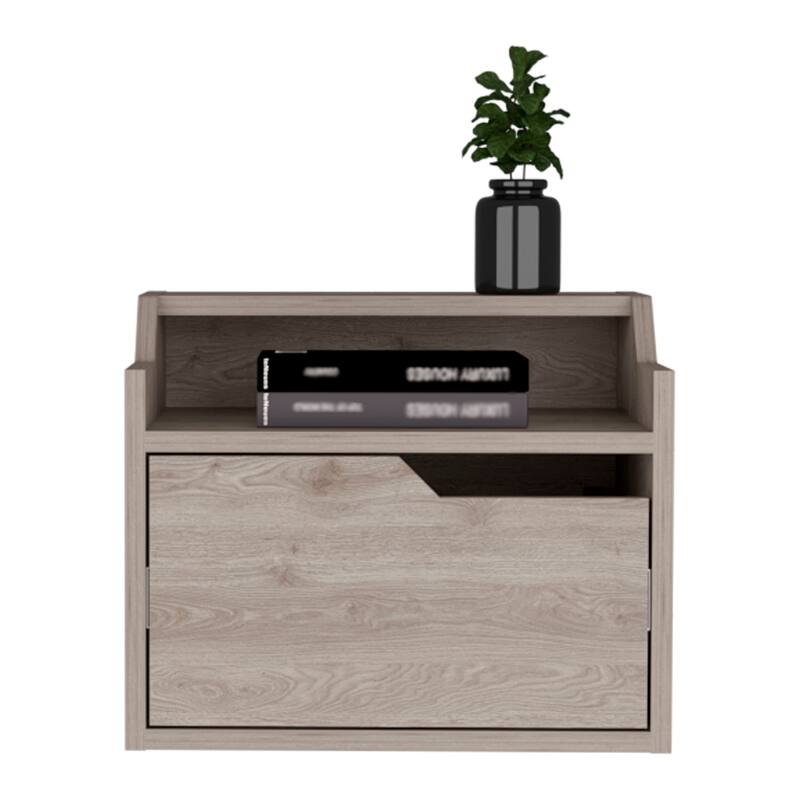 Floating Nightstand with Single Drawer, Modern Dual-Tier Design in Light Gray