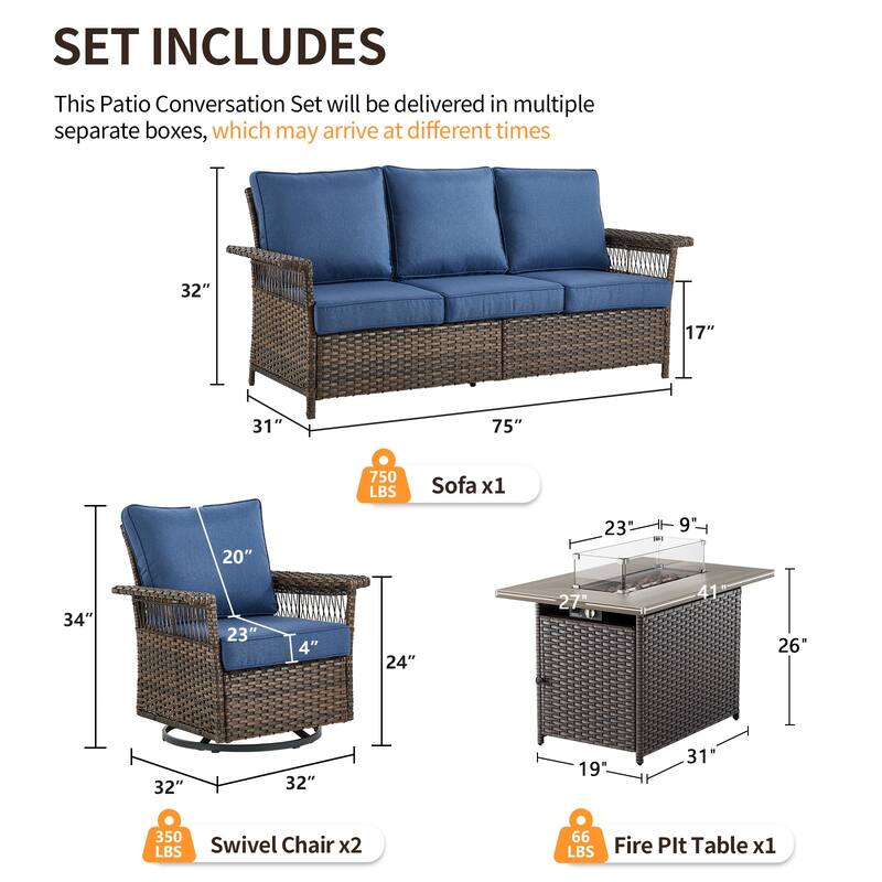 Pocassy 41 in Fire Pit Table with Patio Sofa Swivel Chair Set