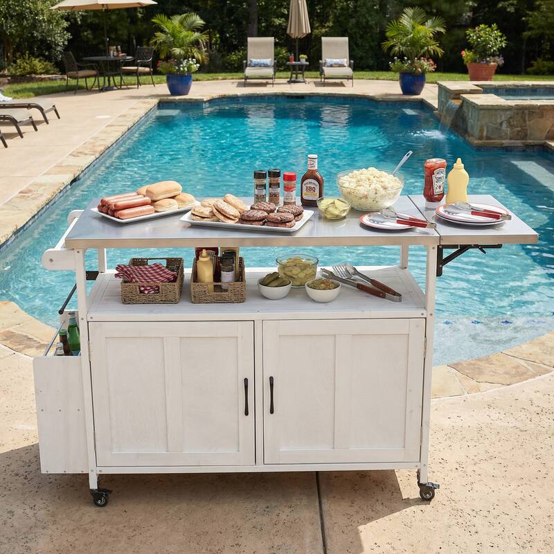 Foldable Outdoor Mobile Portable Kitchen Island Cart with Lockable Wheels, Storage Cabinet and Towel Rack - White