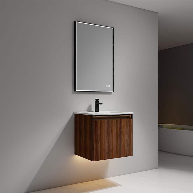 Blossom Lille Brown Walnut Floating Vanity with LED & Acrylic Sink